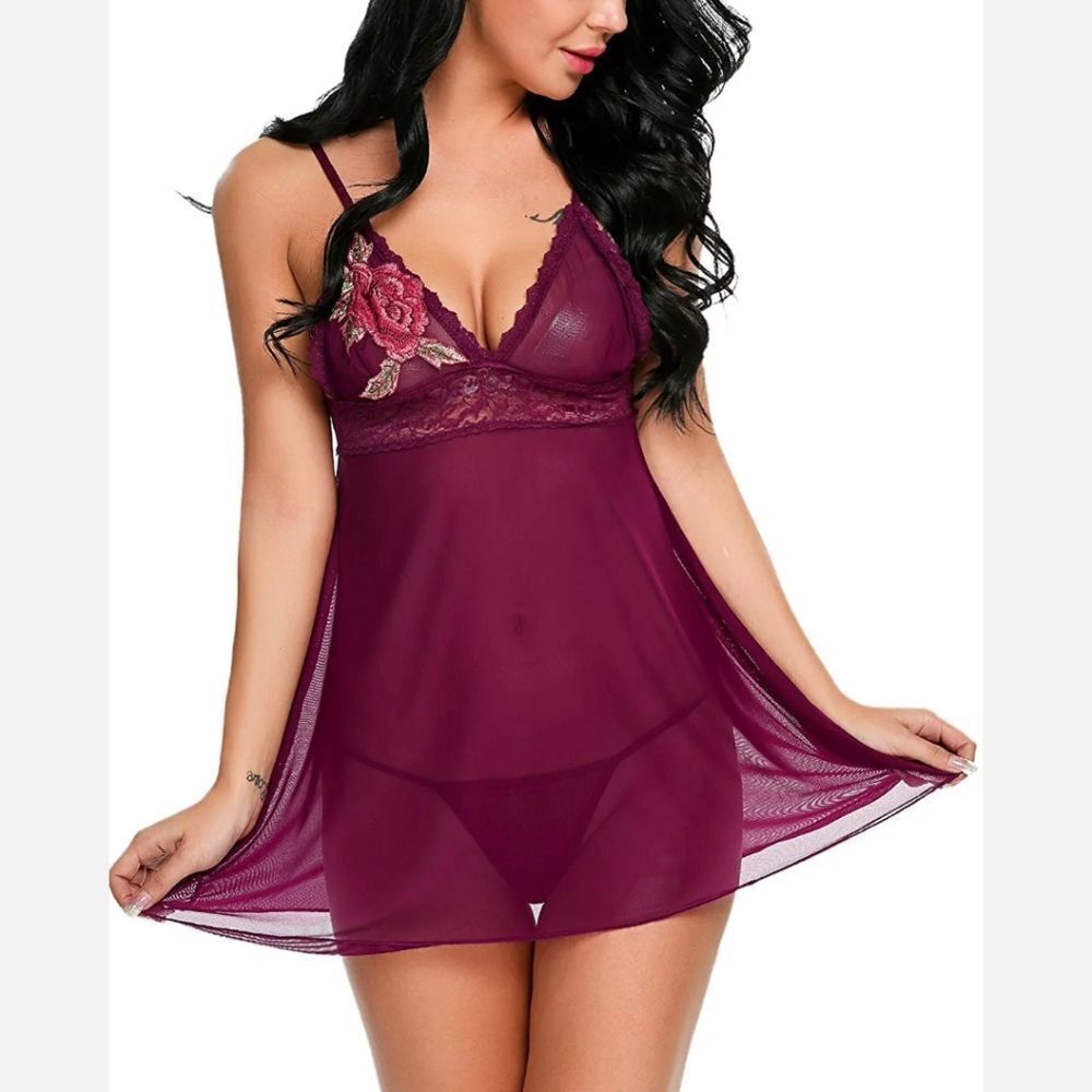 Sexy Women Lingerie Lace Sheer See Through Babydoll Nightgown Sleepwear G-string